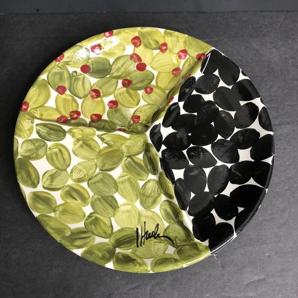 Hand Painted Studio Art Pottery Divided Olive Dish Black Green 7